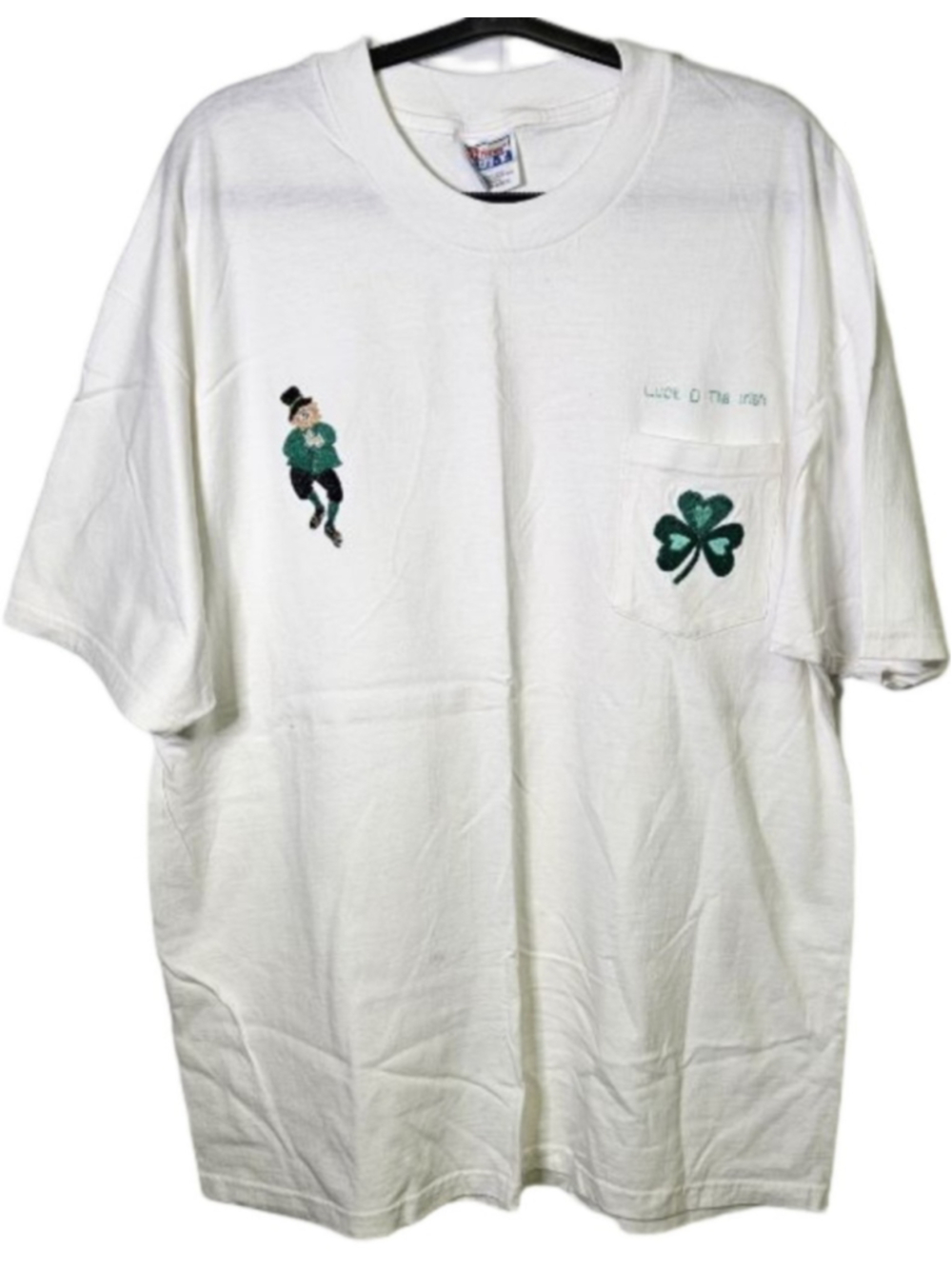 Vintage Hanes Beefy-T Luck O' The Irish Shamrock Pocket T Shirt Embroidered XL